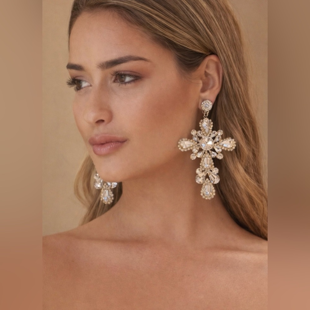 Gold and Silver Chandelier  cross Earrings with Teardrop Crystals